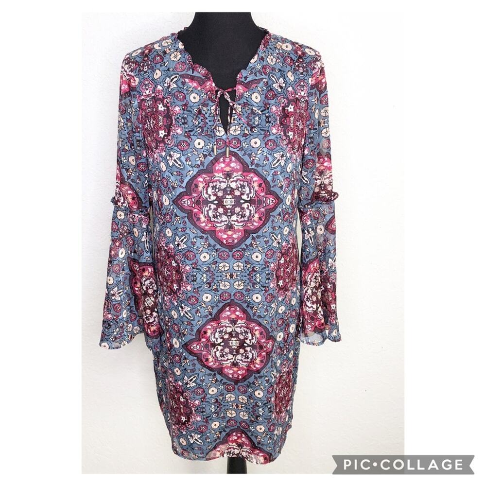 WHBM blue and pink floral Mandela print shift dress size Medium